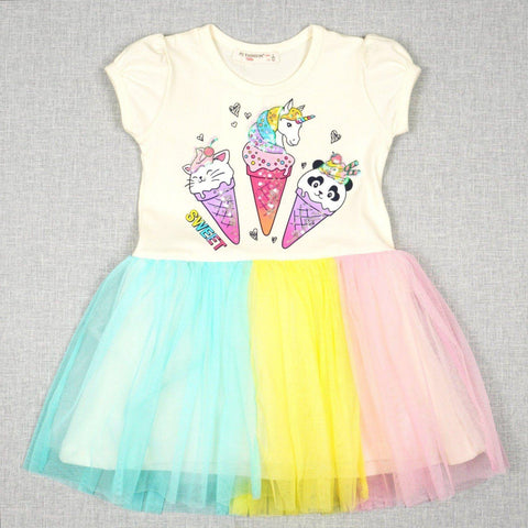 Girls' Sequin ' Sweet Ice Cream Cones' Printed Cream/ Colourful Tulle Dress (18m-6y) - Clothes4Kids