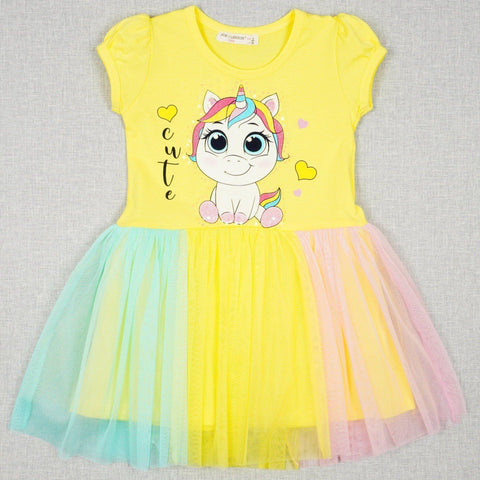 Girls' Sequin ' Cute Unicorn ' Printed Yellow/ Colourful Tulle Dress (2-8y) - Clothes4Kids