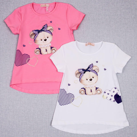 Girls' Teddy Bear ' Printed Pink/White T-Shirt / Tunic (2-7y) - Clothes4Kids