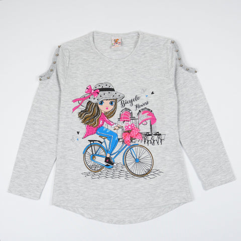 Girls' Bicycle Flowers' Printed Long Sleeve Top Light Grey (18m-5y) - Clothes4Kids