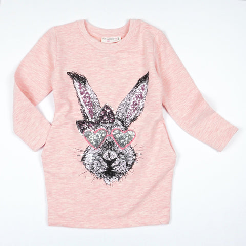 Girls' Sequin Long Sleeve Rabbit/Bunny Peach Melange Tunic *Last size-98(2-3y)*