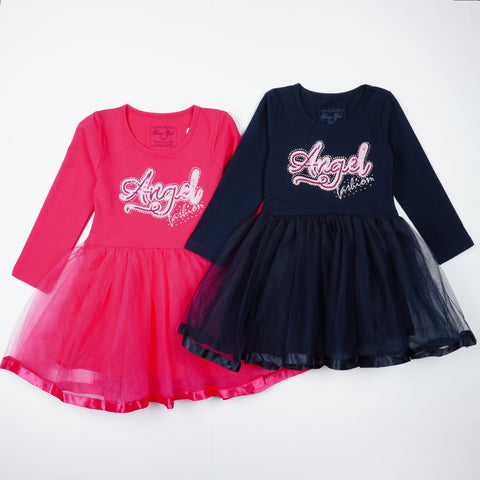 Girls' Sequin Angel Long Sleeve Tulle Dress Pink/Navy Blue (3-9y) - Clothes4Kids