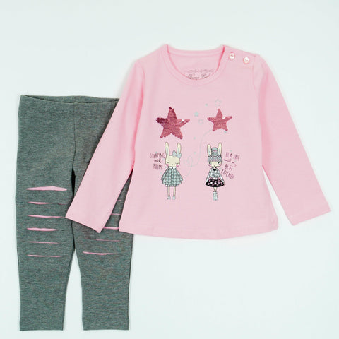 Girls' Bunny and Sequin Stars Printed Set (1-5y) - Clothes4Kids