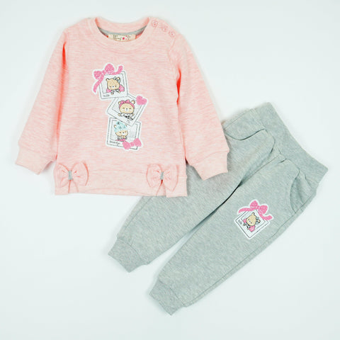 Girls' Teddy Bear' Printed Pink Melange/Grey Tracksuit (6m-3y) - Clothes4Kids