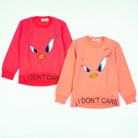 Girls' I Don't Care' Bird Printed Long Sleeve Peach/ Pink Sweatshirt (3-7y) - Clothes4Kids