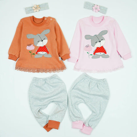 Baby Girl 'Little Bunny' 3pcs 'Grow with Me' Set Pink / Chocolate Brown (0-9m) - Clothes4Kids