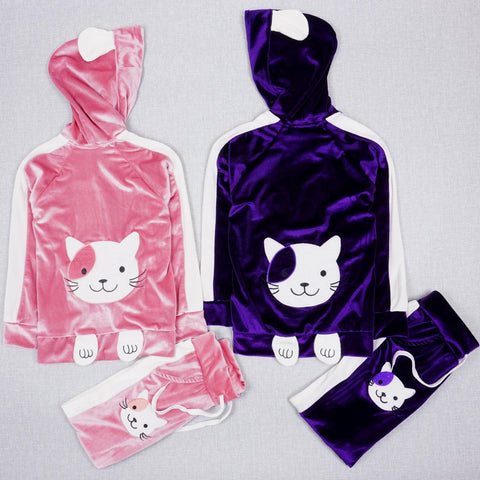 Girls' Velour Cat Tracksuit Pink/Violet  (3-10y) - Clothes4Kids