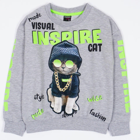 Girls' Visual Inspire Cat' Printed Long Sleeve Light Grey Sweatshirt (6-11y) - Clothes4Kids