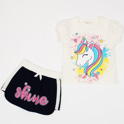 Girls' Shine' Unicorn Printed Summer Set Cream/Navy Blue (2-6y) - Clothes4Kids