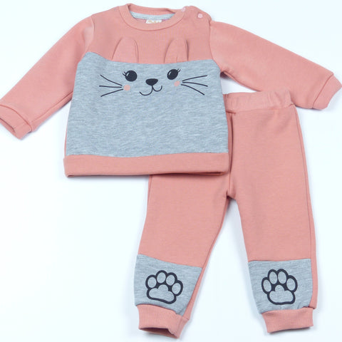 Girls' Cat Printed Winter Warm Coral Pink Tracksuit (3-18m) - Clothes4Kids