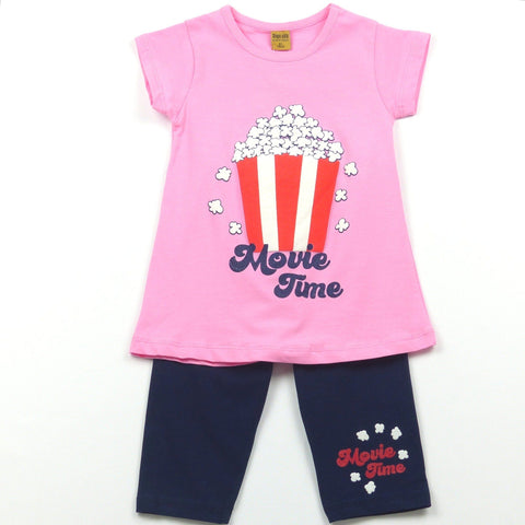 Girls' Movie Time' Popcorn Printed Pink/Navy Blue Summer Set (3-7y) - Clothes4Kids