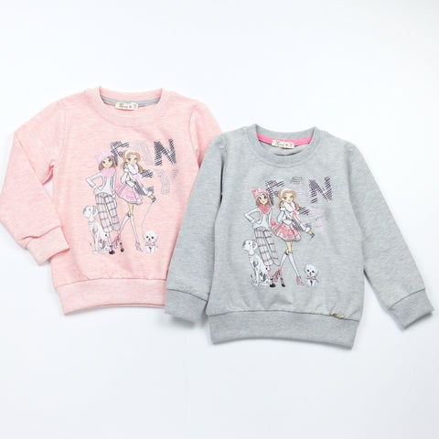 Girls' Fancy' Printed Long Sleeve Sweatshirt Grey/Pink Melange (3-9y) - Clothes4Kids