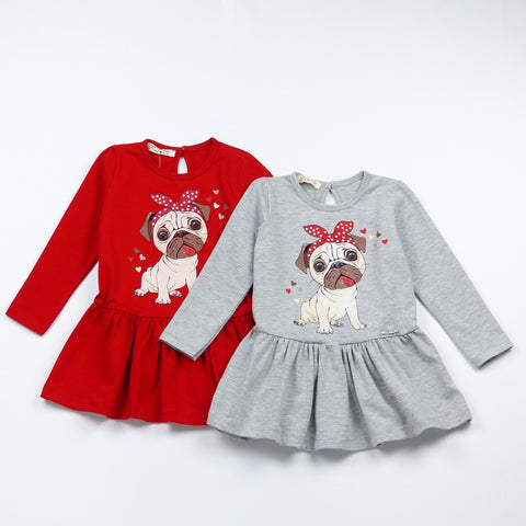 Girls' Pug' Printed Long Sleeve Red/Light Grey Dress (1-5y) - Clothes4Kids