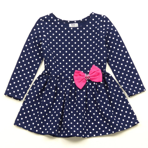 Girls' Long Sleeve Polka Dot Navy Blue / Pink Ribbon Dress (18m-7y) - Clothes4Kids